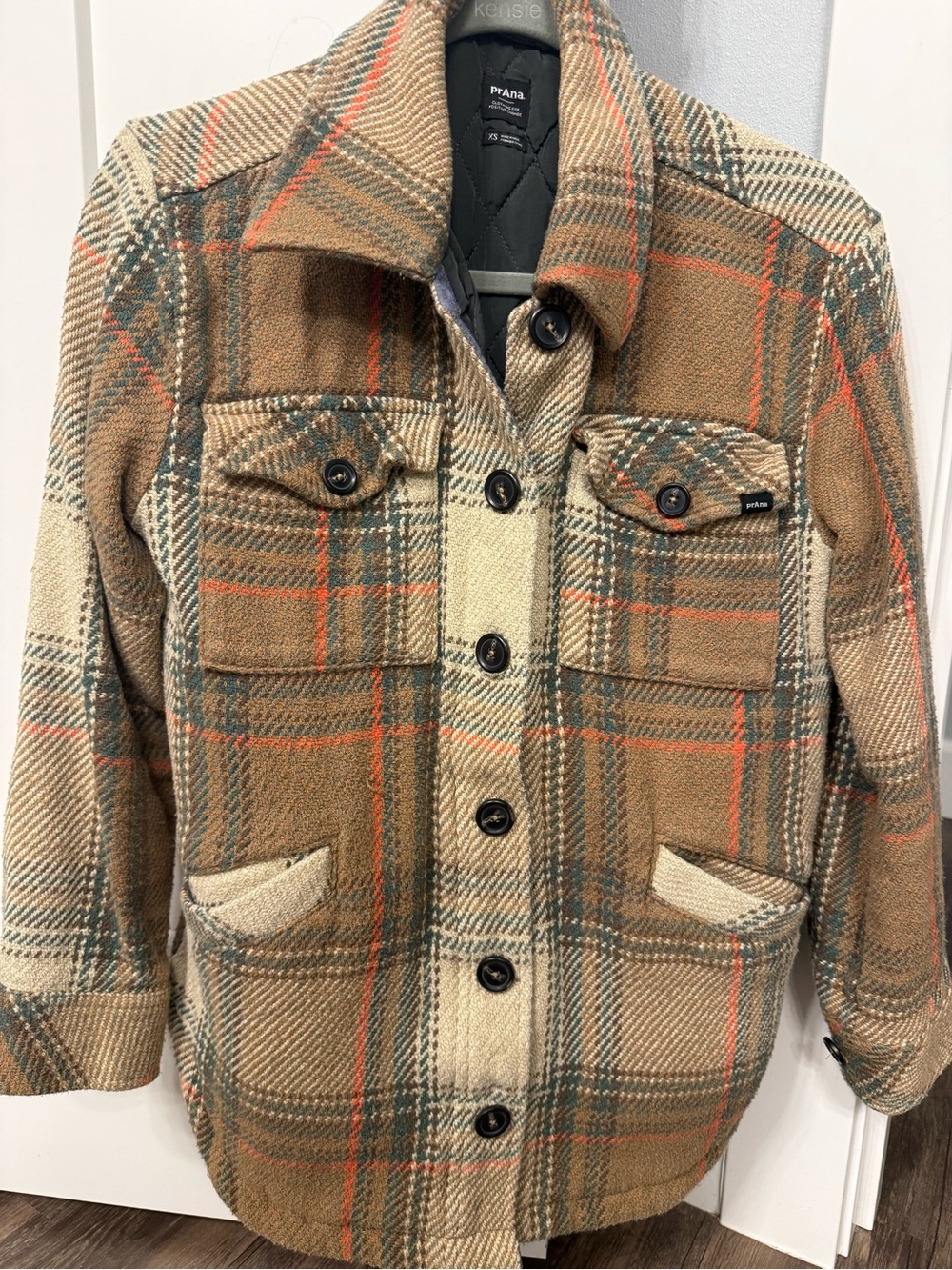 Prana Plaid Jean Shacket in Tan, Cream & Green Accents